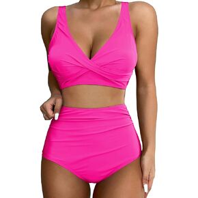 GRAPENT High Waisted Bikini Sets for Women Twist Front Tie Back 2 Piece Bathing Suit V Neck Ruched Swimsuits Bikinis