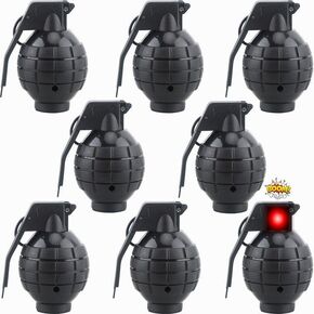8 Packs Plastic Hand Grenades Toy Realistic Black Fake Hand Grenades with Sound and Flashing Light Effects for Military Theme Role Play Props