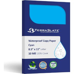 Paper | Cyan Blue | 8.5" x 11" Waterproof Paper | Laser Printer Paper, Copy Machine, & Digital Press Compatible, 25 Sheets (5 MIL TerraSlate (24lb Bond))