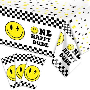 AnyDesign 3Pcs One Happy Dude Birthday Party Tablecloth 54 x 108 Inch Yellow Smile Face Plastic Tablecloth One Happy Dude Table Cover for 1st Birthday Baby Shower Party Home Kitchen Table Decor