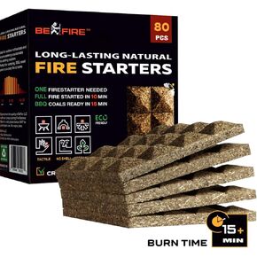 Fire Starter • 80 pcs Natural Fire Starters 15+ Min Burn Time Firestarters for Indoor Fireplace, Campfires & Camping, Wood Stove, Grill • Water Resistant and Long-Lasting