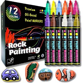 Rock Painting Perfection Markers Pens: 12 Vibrant Colors - Permanent, Oil-Based, Waterproof, Fade-Resistant, Non-Toxic - Precision Tips for Brilliant Stone Art