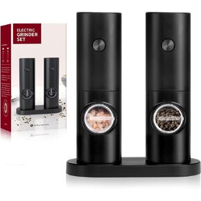 Simple Deluxe Stainless Steel Gravity Electric Salt & Pepper Grinder Set, Battery Powered with Blue LED Light, Adjustable Coarseness, One Hand Automatic Operation, Silver