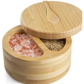 Large Salt Spice Box with Swivel Lid Bamboo Salt Cellar with Lid and Spoon, 2-Compartment, Real Salt Sea Salt, Seasoning, Pepper - 2 Attached Spoon in Wooden Box