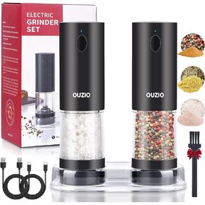 Rechargeable Electric Salt and Pepper Grinder Set with Storage Base, Automatic Mill Grinder Set Adjustable Coarseness Rechargeable Battery Power Spices Shaker for Kitchen Restaurant Picnic Pack of 2
