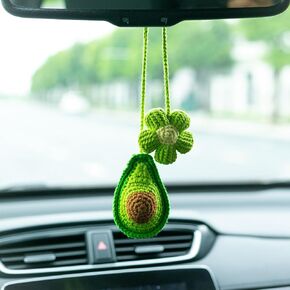 Avocado Handmade Crochet Car Ornament, Cute Avocado Knitted Rear View Mirror Accessories, Christmas Tree Decor, Woven Rearview Hanging Charm
