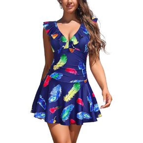 SHEKINI Women's Deep V Neck Ruffle One Piece Swimsuit Ruched Retro Skirted Swimdress