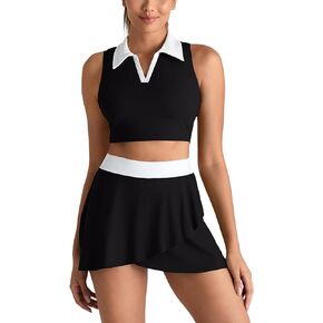IFFEI Women's 2 Piece Tennis Dress with Built in Bra and Shorts Pocket Polo Collar V Neck Color Block Athletic Workout Skirts
