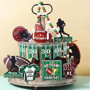 13 Pieces Football Decorations Wooden Football Tiered Tray Decor Football Table Centerpiece Football Sports Wooden Signs Rugby Tiered Tray Decor for Fans Club Bars Home Decor Football Season