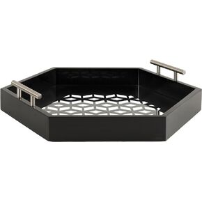 Kate and Laurel Caspen Cut Out Pattern Decorative Hexagon Tray with Silver Metal Handles, 16 x 18, Black and Silver, Modern Glam Serving Tray with Handles for Living Room Decor