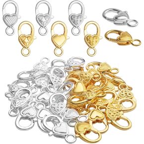 Aylifu Heart Lobster Clasps, 32pcs Heart Lobster Claw Clasps Tibetan Metal Lobster Claw Clasps Jewelry Accessories for DIY Necklace Bracelet Key Chain Making, 27x14mm, Golden and Silver