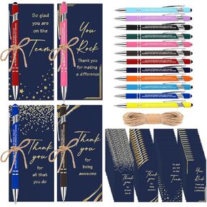 Qilery 24 Set Employee Appreciation Pens Gifts Black Ink Metal Inspirational Ballpoint Pen with Stylus Tip Colorful Motivational Quote with Thank You Card Rope for Coworker Team Teacher Staff