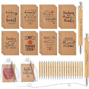 30 Set Teacher Appreciation Gifts Inspirational Small Notebooks with 30 Motivational Bamboo Pen 30 Organza Bag Thank You Journal Gift Wooden Retractable Ballpoint Pen for Teacher Back To School Gifts