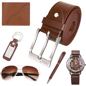 6pcs Men's Gift Set with Box Brown Leather Belt Wallet Watch Glasses Keychain Ballpoint Pen Gifts for Men, Valentines Day Gifts for Him