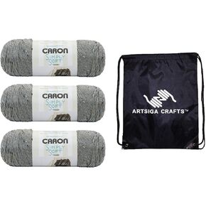 Caron Simply Soft Tweeds Gray Heather 294023-23002 (3-Skeins - Same Dye Lot) Worsted Medium #4 Acrylic Yarn for Crocheting and Knitting with Project Bag