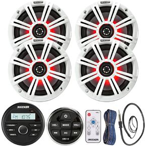 Kicker All-Weather Marine Gauge Style Bluetooth USB Stereo Receiver Bundle with Wired Remote, 4X 6.5 2-Way 195W Max Coaxial Marine LED Speakers w/Remote, White Grilles, Wire, Antenna
