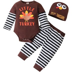 ملابس لحديثي الولادة من الأولاد والبنات لعيد الشكر، ملابس داخلية لعيد الشكر الأول، مجموعة ملابس سروال ديك رومي مخطط in Kuwait