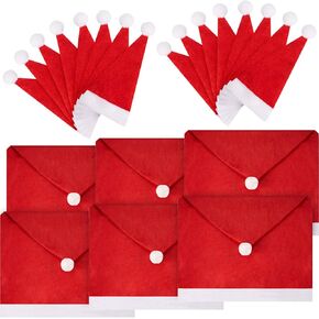 26 Pieces Christmas Santa Hat Covers, Include 6 Pieces Santa Hat Chair Covers Chair Back Covers and 20 Pieces Santa Hats Silverware Holders Wine Bottle Cover for Xmas Festive Party Table Decoration