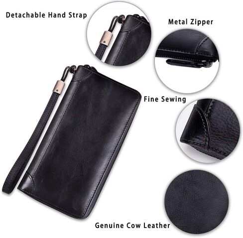 Genuine Leather Wallet for Women Dual Use Zip Long Purse Vintage Handmade Clutch Cowhide Card Holder Organizer(Darkgrey) in Saudi Arabia