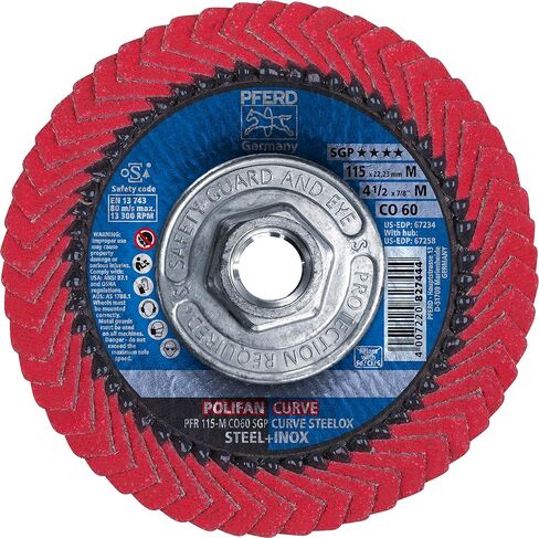 قرص رفرف من النوع الشعاعي المنحني PFERD 67258 POLIFAN® - أكسيد السيراميك، قطر 4-1/2 بوصة، خيط 5/8-11، 13300 دورة في الدقيقة، ملحق لحام 60 حبيبة ومرفق مطحنة زاوية in Saudi Arabia
