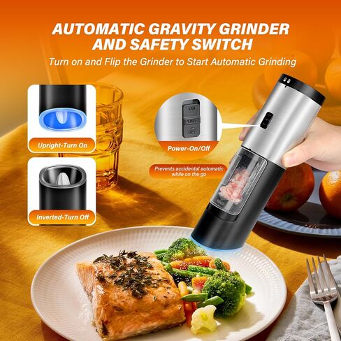 Simple Deluxe Stainless Steel Gravity Electric Salt & Pepper Grinder Set, Battery Powered with Blue LED Light, Adjustable Coarseness, One Hand Automatic Operation, Silver in Saudi Arabia