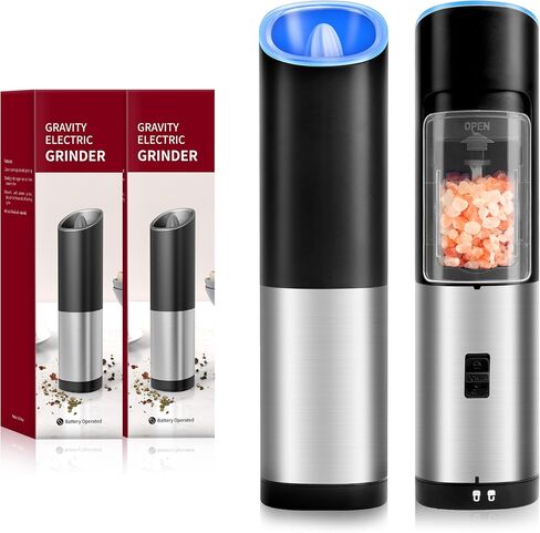 Simple Deluxe Stainless Steel Gravity Electric Salt & Pepper Grinder Set, Battery Powered with Blue LED Light, Adjustable Coarseness, One Hand Automatic Operation, Silver in Saudi Arabia