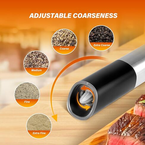 Simple Deluxe Stainless Steel Gravity Electric Salt & Pepper Grinder Set, Battery Powered with Blue LED Light, Adjustable Coarseness, One Hand Automatic Operation, Silver in Saudi Arabia