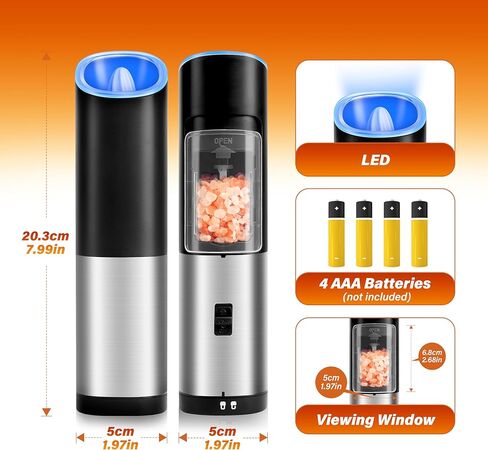 Simple Deluxe Stainless Steel Gravity Electric Salt & Pepper Grinder Set, Battery Powered with Blue LED Light, Adjustable Coarseness, One Hand Automatic Operation, Silver in Saudi Arabia