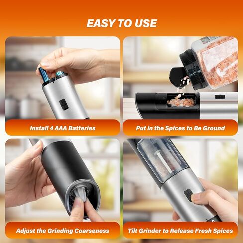 Simple Deluxe Stainless Steel Gravity Electric Salt & Pepper Grinder Set, Battery Powered with Blue LED Light, Adjustable Coarseness, One Hand Automatic Operation, Silver in Saudi Arabia
