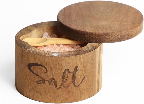 صندوق ملح أو توابل من خشب السنط مع غطاء دوار لسطح المطبخ، حافظة ملح مع ملعقة مدمجة، ديكور مطبخ المزرعة الحديث لتخزين الملح والأعشاب والتوابل أو التوابل in Kuwait