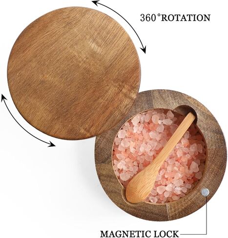 صندوق ملح أو توابل من خشب السنط مع غطاء دوار لسطح المطبخ، حافظة ملح مع ملعقة مدمجة، ديكور مطبخ المزرعة الحديث لتخزين الملح والأعشاب والتوابل أو التوابل in Kuwait