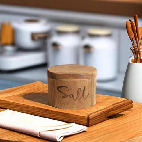 صندوق ملح أو توابل من خشب السنط مع غطاء دوار لسطح المطبخ، حافظة ملح مع ملعقة مدمجة، ديكور مطبخ المزرعة الحديث لتخزين الملح والأعشاب والتوابل أو التوابل in Kuwait
