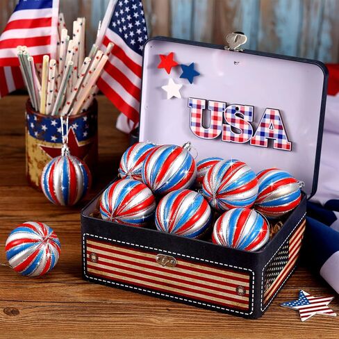 Chuangdi Independence Day Hanging Ball Ornaments 4th of July Hanging Decoration Star Patriotic Hanging Tree Ornaments Decoration Striped Ball Ornaments for Tree Independence Day(12 Pieces, Striped) in Saudi Arabia