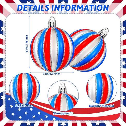 Chuangdi Independence Day Hanging Ball Ornaments 4th of July Hanging Decoration Star Patriotic Hanging Tree Ornaments Decoration Striped Ball Ornaments for Tree Independence Day(12 Pieces, Striped) in Saudi Arabia