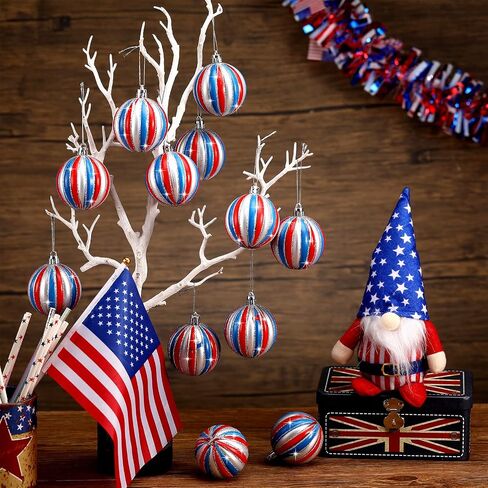 Chuangdi Independence Day Hanging Ball Ornaments 4th of July Hanging Decoration Star Patriotic Hanging Tree Ornaments Decoration Striped Ball Ornaments for Tree Independence Day(12 Pieces, Striped) in Saudi Arabia