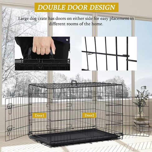 Large Dog Crate Dog Cage Medium Dog Kennel Animal Pet Crate Pet Cage Metal Wire Double Door Folding Fully Equipped Outdoor Indoor with Plastic Tray and Handle (36") in Saudi Arabia