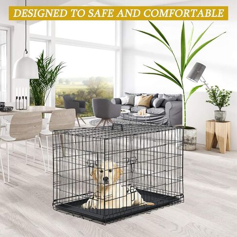 Large Dog Crate Dog Cage Medium Dog Kennel Animal Pet Crate Pet Cage Metal Wire Double Door Folding Fully Equipped Outdoor Indoor with Plastic Tray and Handle (36") in Saudi Arabia