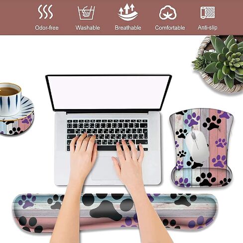 Ergonomically Upgraded Keyboard Wrist Rest and Comfortable Wrist Rest Gel Mouse Pad Set, Non-Slip Rubber Base and Cute Coaster, for Work, Game Home, Black and Purple Dog Paw in Saudi Arabia