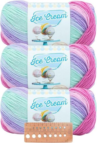 Lion Brand Yarn - Ice Cream - 3 Pack with Needle Gauge (Ube) in Saudi Arabia