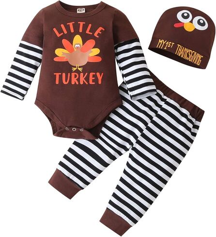 ملابس لحديثي الولادة من الأولاد والبنات لعيد الشكر، ملابس داخلية لعيد الشكر الأول، مجموعة ملابس سروال ديك رومي مخطط in Kuwait