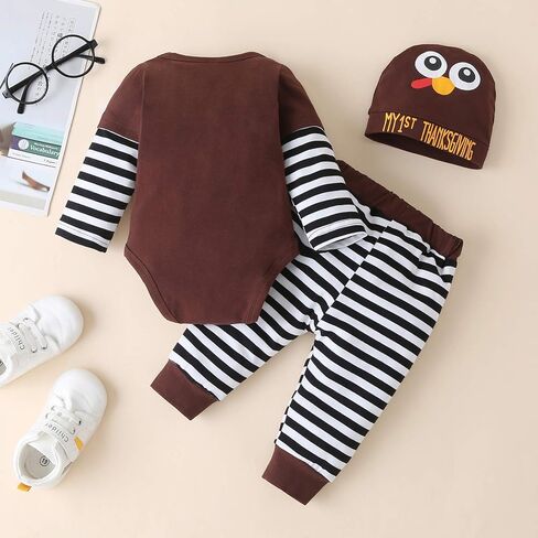 ملابس لحديثي الولادة من الأولاد والبنات لعيد الشكر، ملابس داخلية لعيد الشكر الأول، مجموعة ملابس سروال ديك رومي مخطط in Kuwait