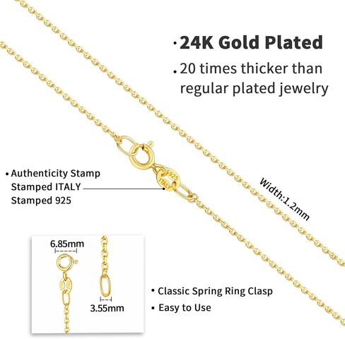 Jewlpire سلسلة ذهبية صلبة عيار 24 قيراط للنساء والفتيات، سلسلة كابل 1.2 مم سلسلة ذهبية إيطالية رفيعة وقوية ولامعة للنساء 18 بوصة in Kuwait