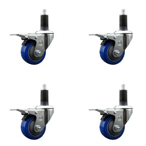 Polyurethane Swivel Expanding Stem Caster Set of 4 with 3 Inch Blue Wheels and 1-1/4" Stems - Includes 4 Swivel with Total Locking Brakes - 300 lbs. Capacity Per Caster - Service Caster Brand in Kuwait