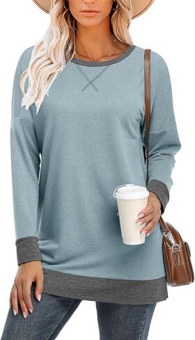 Bette Boutik Women’s Drop Long Sweeve Sweatshirts Crewnick Tunic Tops Sweartshirts مع شقوق جانبية S-3XL in Kuwait