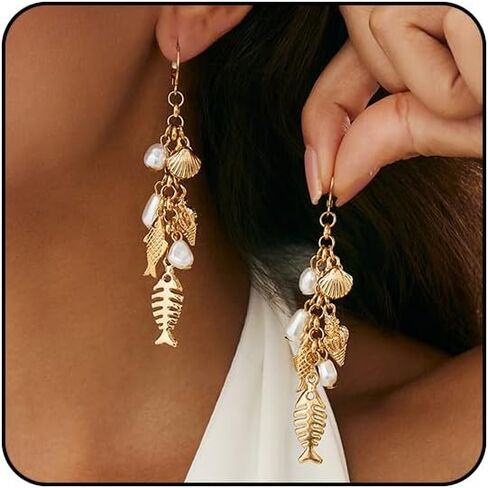 Gold Starfish Shell Earrings for Women with Pearl Beach Seashell Earrings Dangle Summer Vacation Earring for Women Beach Jewelry in Kuwait
