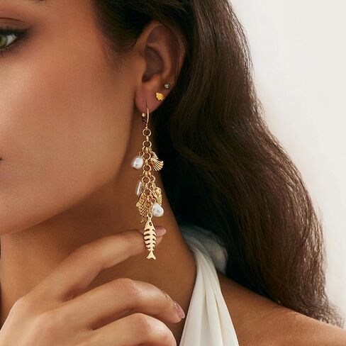 Gold Starfish Shell Earrings for Women with Pearl Beach Seashell Earrings Dangle Summer Vacation Earring for Women Beach Jewelry in Kuwait