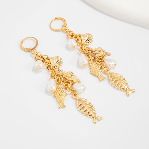 Gold Starfish Shell Earrings for Women with Pearl Beach Seashell Earrings Dangle Summer Vacation Earring for Women Beach Jewelry in Kuwait