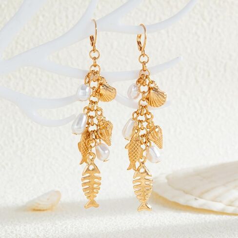 Gold Starfish Shell Earrings for Women with Pearl Beach Seashell Earrings Dangle Summer Vacation Earring for Women Beach Jewelry in Kuwait