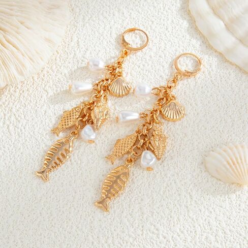 Gold Starfish Shell Earrings for Women with Pearl Beach Seashell Earrings Dangle Summer Vacation Earring for Women Beach Jewelry in Kuwait