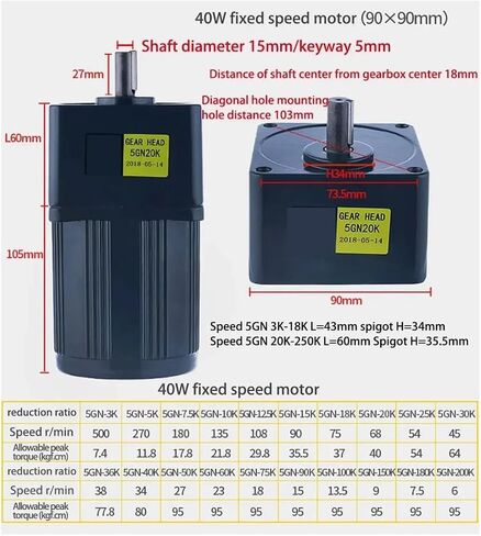 asynchronous motor 5IK40GN-A 40W 110V AC Fixed Speed Motor Single Phase High Torque Deceleration Asynchronous Motor Shaft Diameter 15mm Keyway 5mm(39RPM) in Saudi Arabia